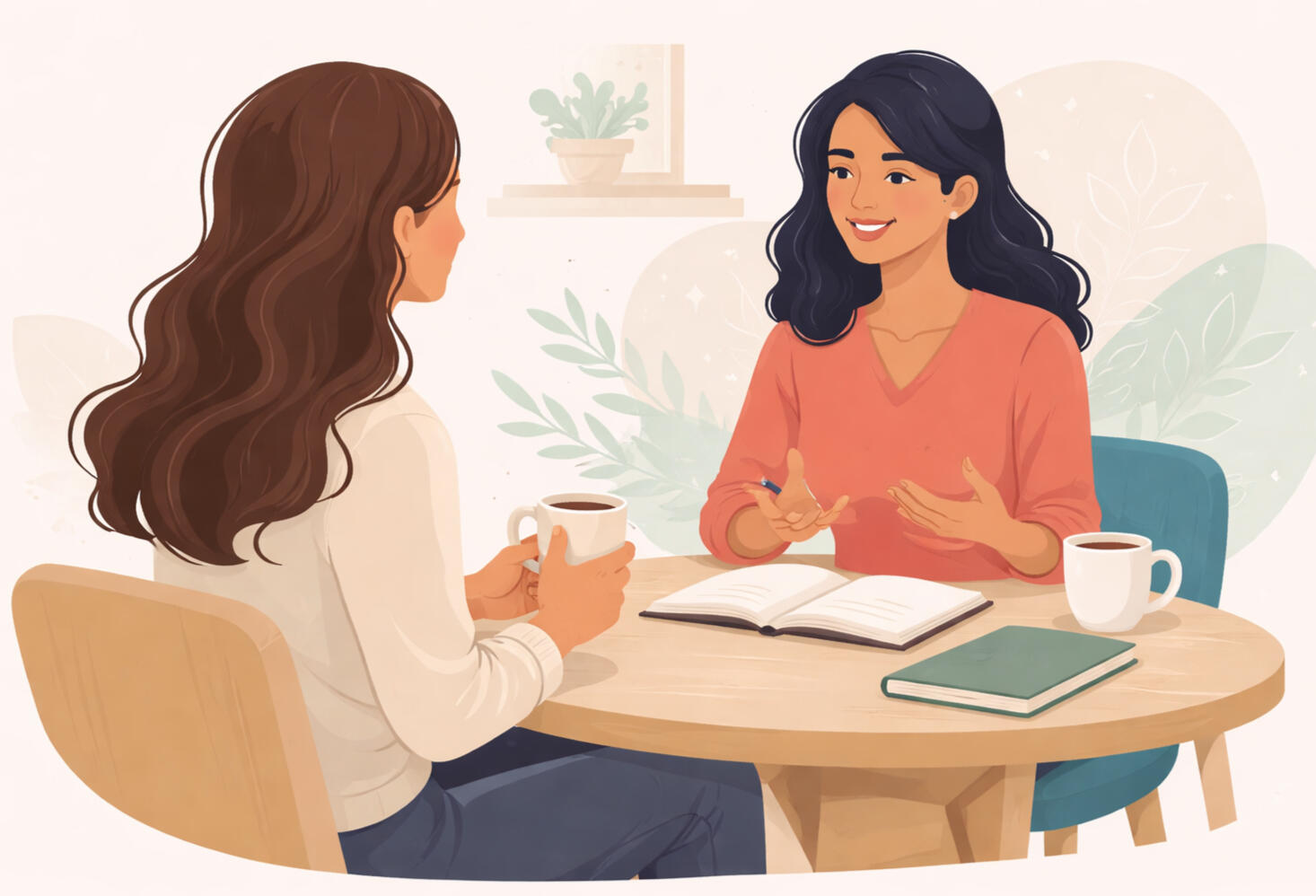 Two women having a warm, supportive conversation over coffee